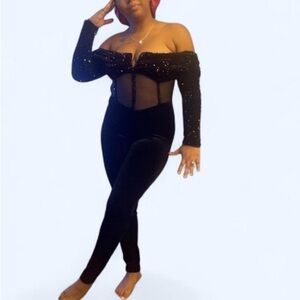 Fashion Nova Black Form-Fitting Jumpsuit with Off-Shoulder  Sequin Design